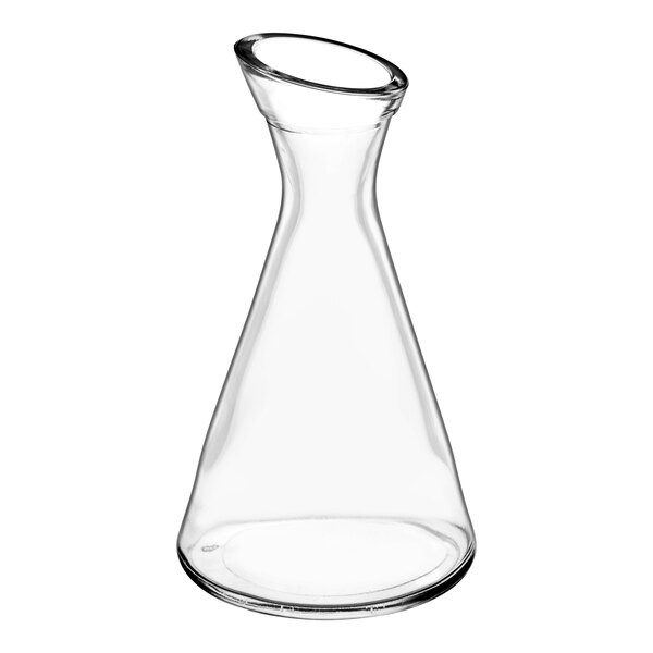 A clear glass beaker with a curved neck and a handle.