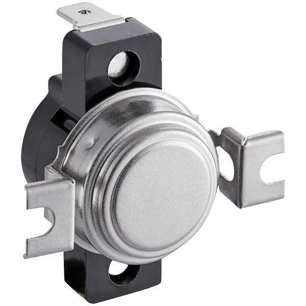 A black and silver metal device with white writing on it.