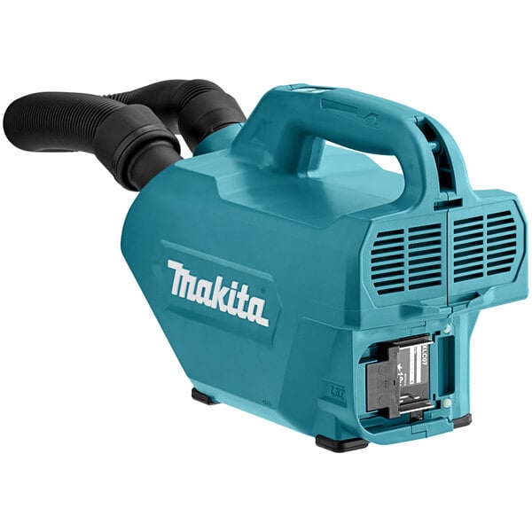 A blue Makita handheld canister vacuum with black tubes.