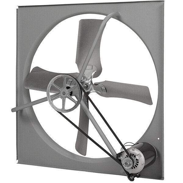 A grey commercial belt drive exhaust fan with a metal blade and motor.