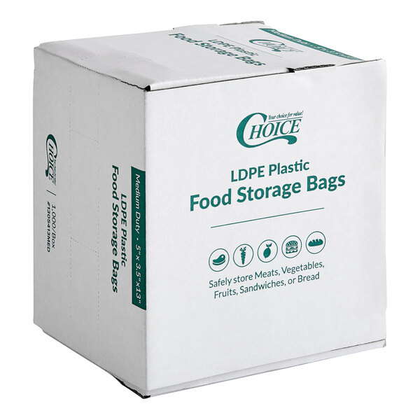 A white box of Choice medium-duty plastic food bags with green text.