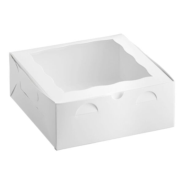 A white bakery box with a clear window on top, measuring 10 inches by 10 inches by 4 inches.
