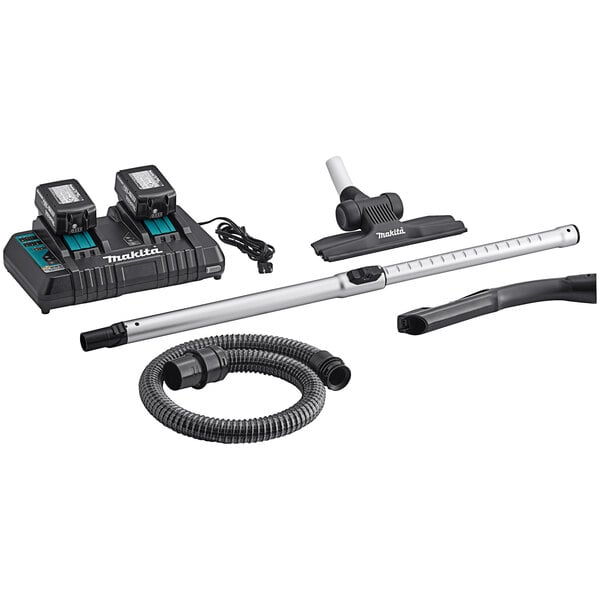 A Makita cordless backpack vacuum cleaner with hose and accessories.