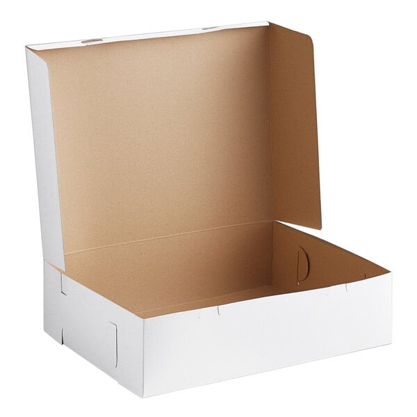 A white half sheet cake or bakery box with an open lid.