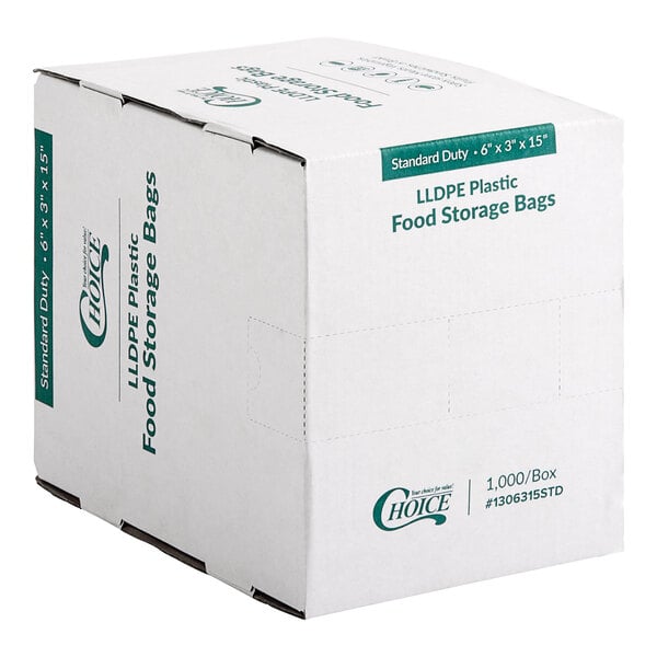 A white box of Choice plastic food bags with green text.