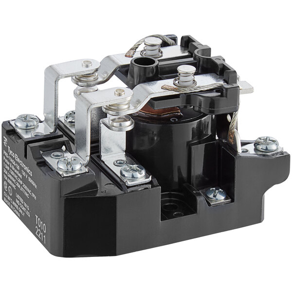 A black and silver electrical relay with two switches.