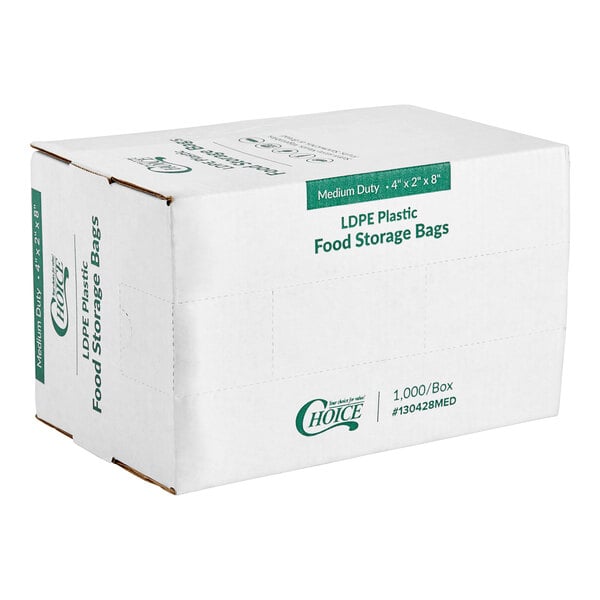 A white box of Choice medium-duty plastic food bags with green text.