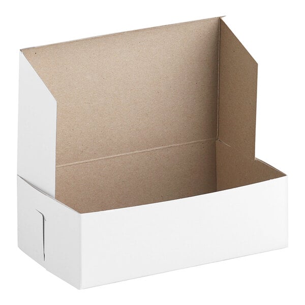 A plain white bakery box with an open lid and brown interior.