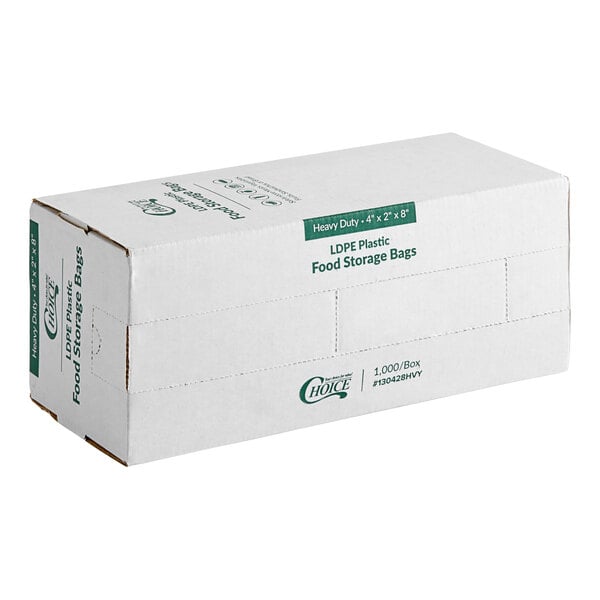 A white box with green text that reads "Choice 1.5 Mil Heavy-Duty Plastic Food Bags"