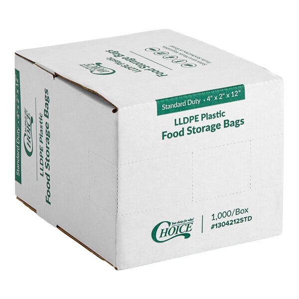 A white box of Choice standard-duty plastic food bags with green text.