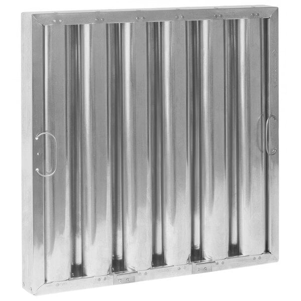 An aluminum hood filter with lower bracket hooks and snap-in handles.