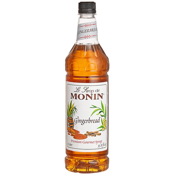 A Monin 1 liter bottle of gingerbread syrup.