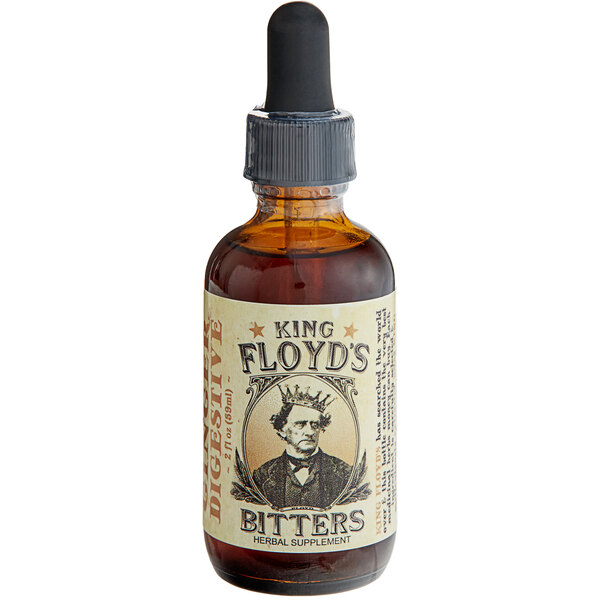 A 2 fl. oz. brown bottle of King Floyd's Ginger Digestive Bitters with a white label and dropper.