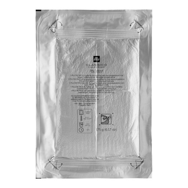 A sealed silver foil packet containing a rectangular filter pack with printed instructions and icons on the front.
