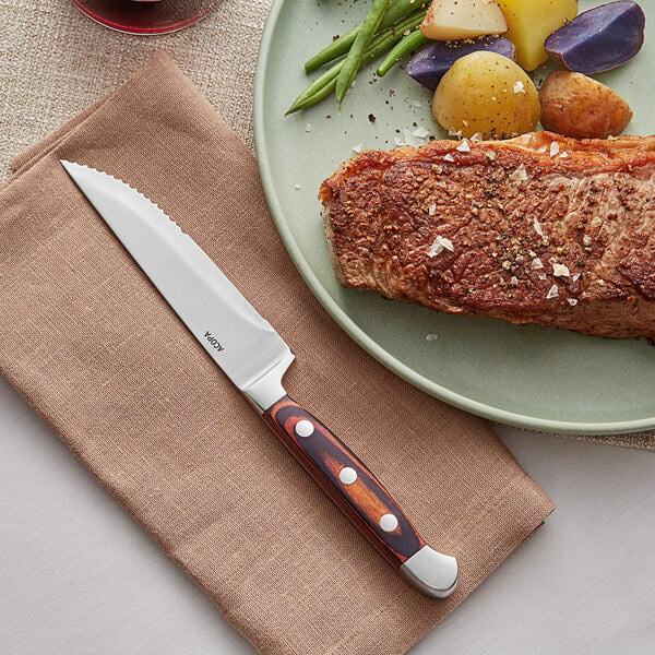 An Acopa steak knife on a plate of meat and vegetables.