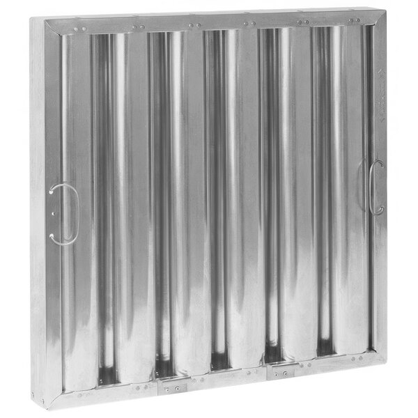 An aluminum Kleen-Gard hood filter with metal hooks and handles.