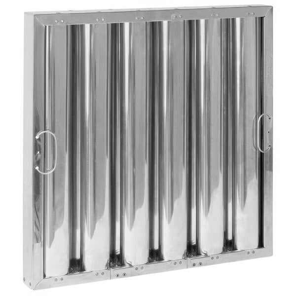 A close-up of a stainless steel Kleen-Gard hood filter with metal handles and brackets.