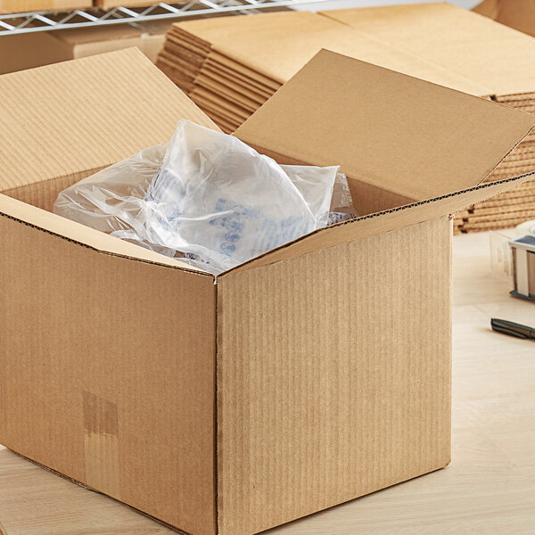 A close-up of a Lavex kraft corrugated shipping box.