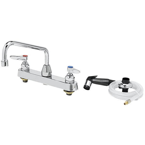 A T&S deck-mounted workboard faucet with self-closing spray valve and hose.