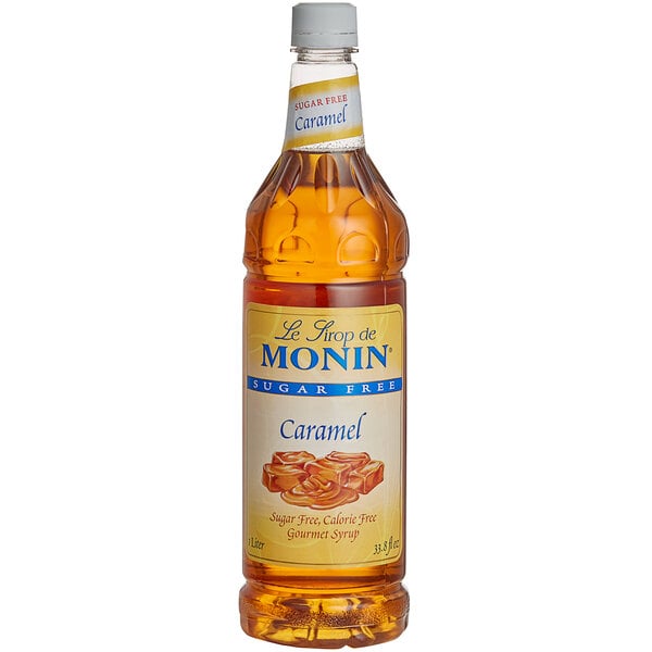 A Monin Sugar Free Caramel Flavoring Syrup bottle.