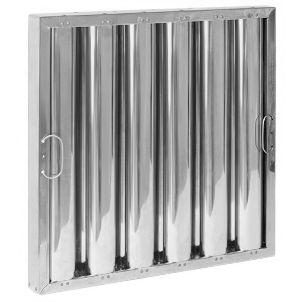 A close-up of a Kleen-Gard stainless steel hood filter with snap-in handles.