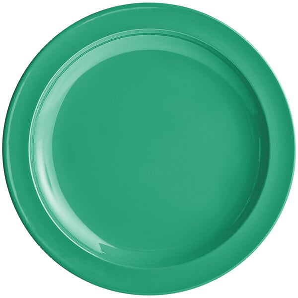 A green narrow rimmed melamine plate with a white background.