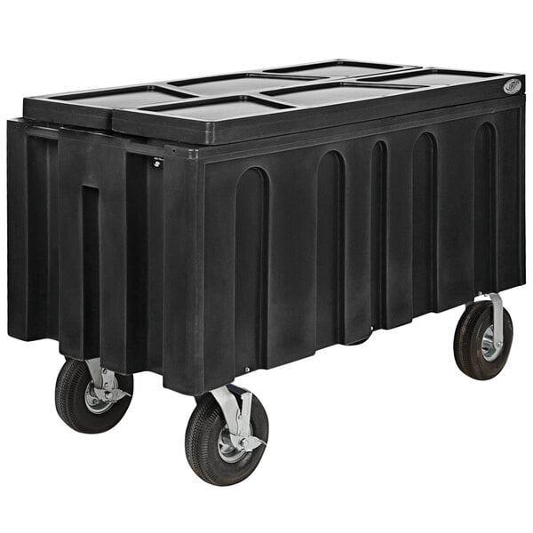 An IRP Super Arctic black cooler on wheels.