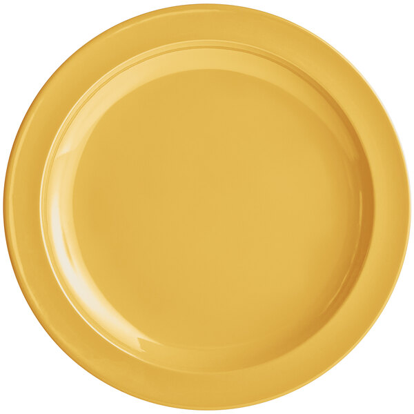 A yellow Acopa Foundations narrow rim melamine plate.
