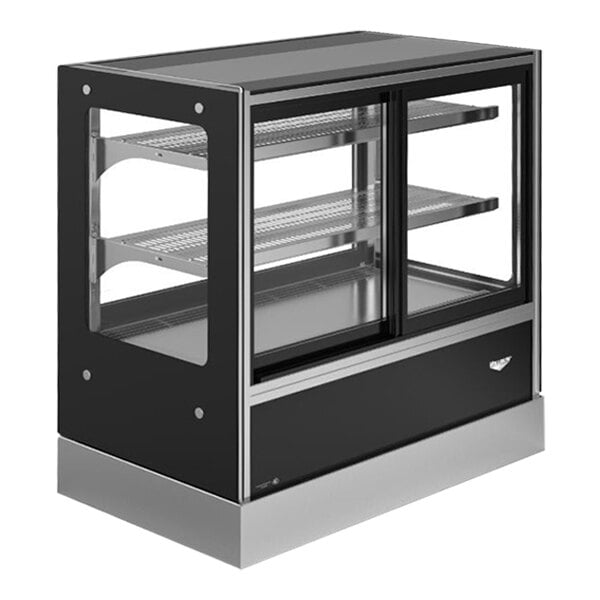 A black and silver Vollrath countertop display case with glass doors on the front.