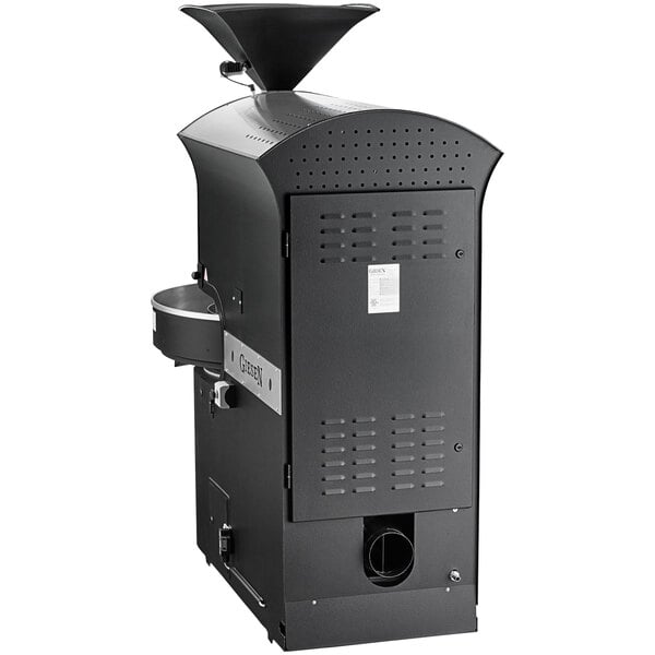 A black and silver Giesen W15A coffee roaster with a funnel on top.