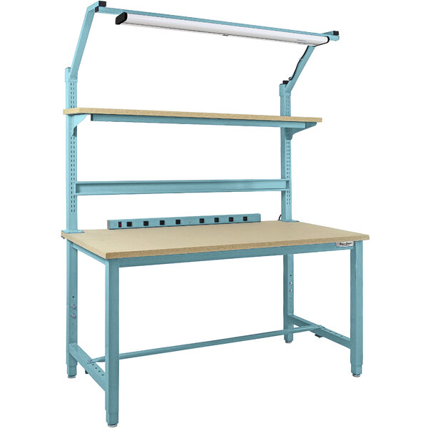A blue BenchPro workbench with shelves.