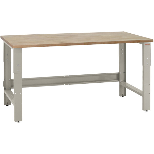 A BenchPro Roosevelt workbench with a maple butcher block top and gray metal base.