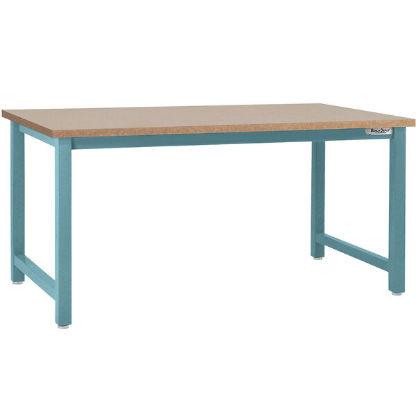 A BenchPro Kennedy workbench with a wooden top and light blue frame.