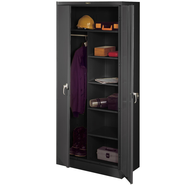 A black metal Tennsco combination storage cabinet with solid doors open.