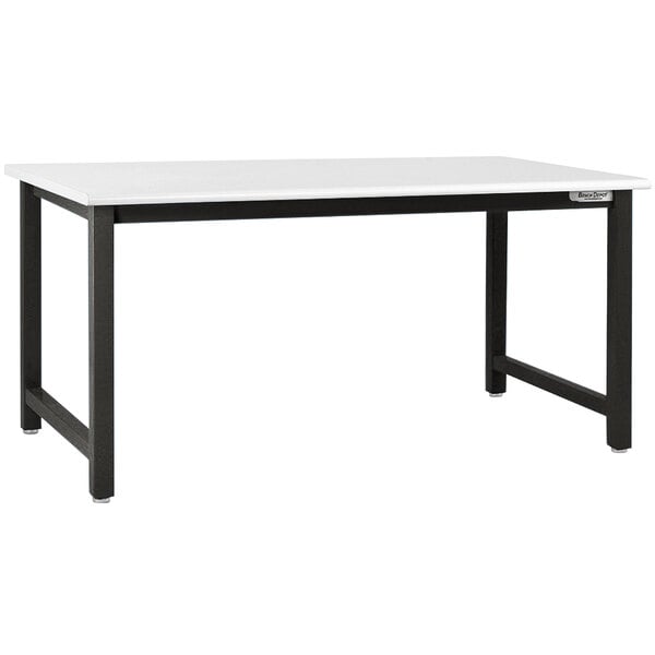 A white BenchPro Kennedy workbench with black legs and a white laminate top.