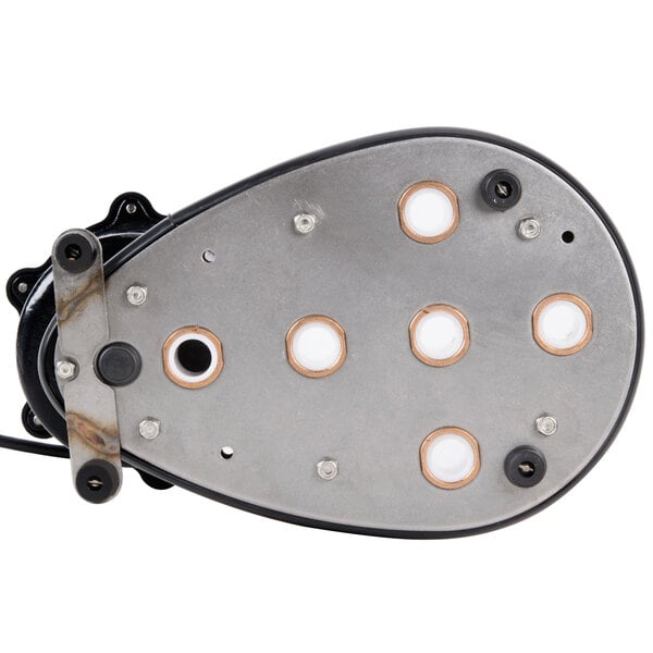 A metal submersible plate with wires and holes.