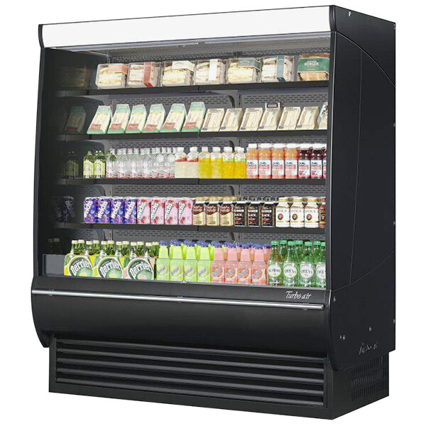 A Turbo Air black vertical refrigerated open curtain merchandiser with drinks and beverages inside.