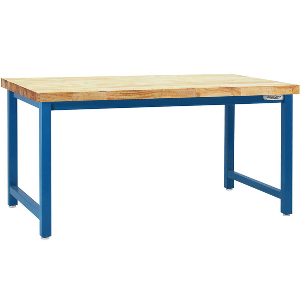 A BenchPro Kennedy workbench with a butcherblock wood top and blue legs.