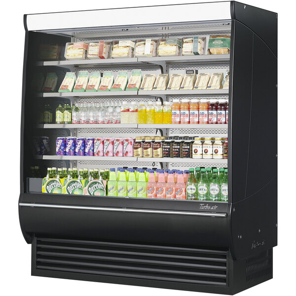 A black Turbo Air vertical refrigerator with drinks and beverages.