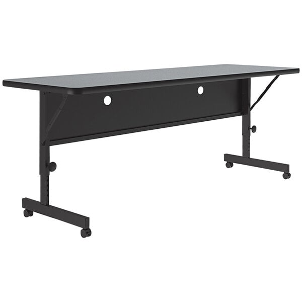 A gray rectangular table with wheels.