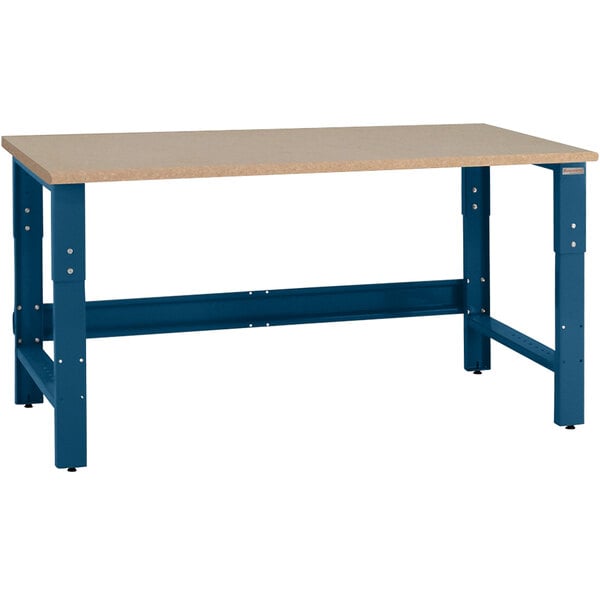 A rectangular workbench with a light wood-like top and a sturdy dark blue metal frame.
