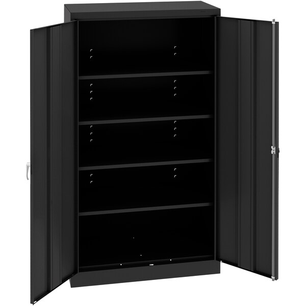 A black metal Tennsco storage cabinet with open doors.