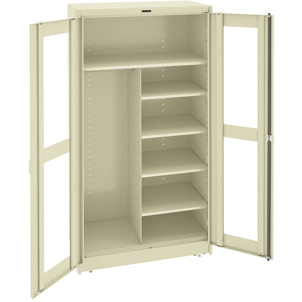 A beige Tennsco combination storage cabinet with open C-Thru doors.