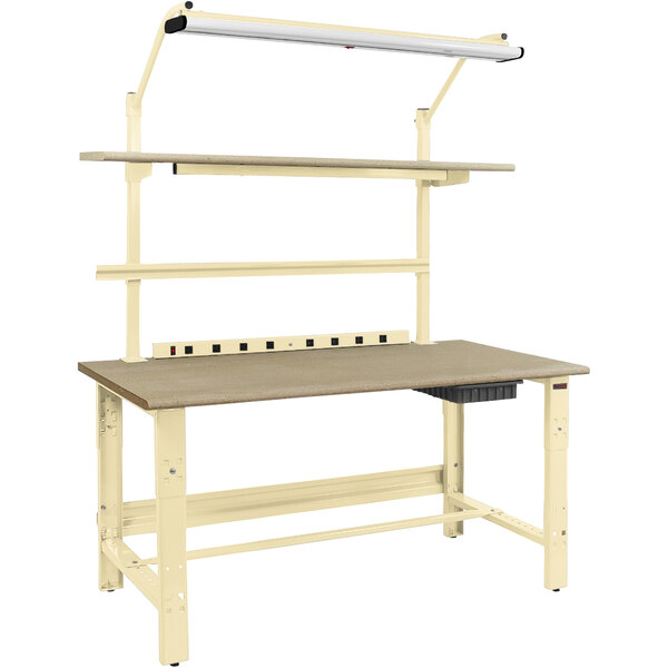 A beige and tan BenchPro Roosevelt workbench with a particle board top and round front edge.