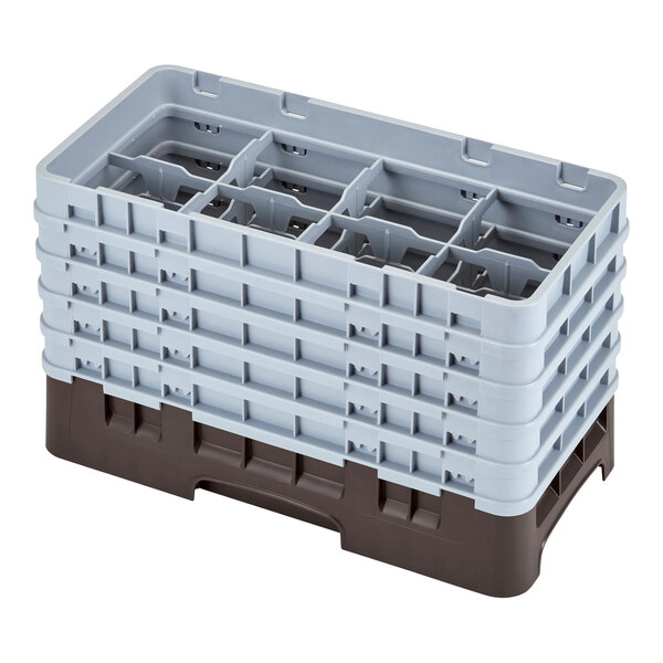 A brown plastic Cambro glass rack with 8 compartments.