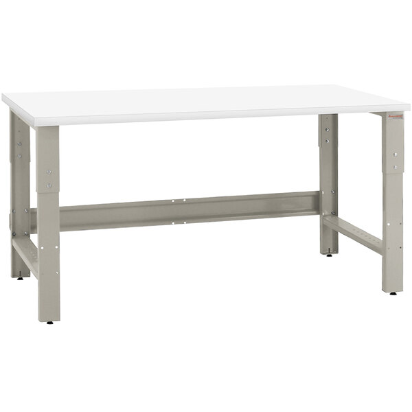 A white rectangular table with metal legs.