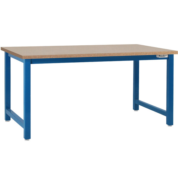 A blue BenchPro workbench with a particleboard top.