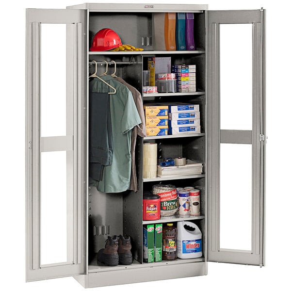 A Tennsco light gray metal combination cabinet with open C-Thru doors.
