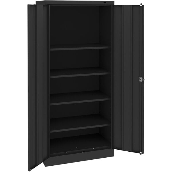 A black metal Tennsco storage cabinet with solid doors.