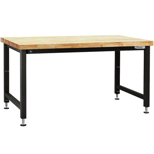 A BenchPro Adams Series Butcherblock workbench with a wooden top and black legs.